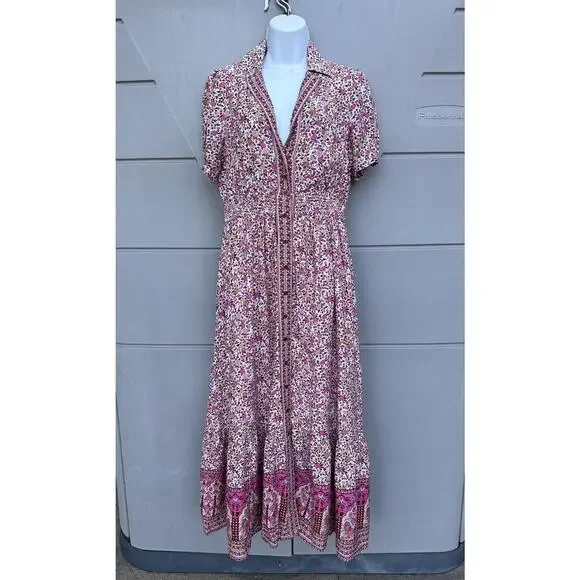 In Loom Floral Border Print Button Front Midi Dress Sz S Feminine Cottagecore - Picture 3 of 14